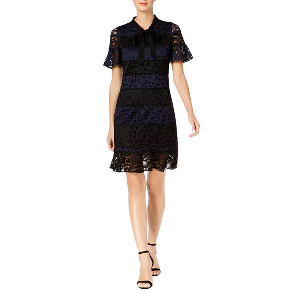 Julia Jordan Blue Black Lace Colorblocked Tie-Neck Shift Dress Woman’s Size 12